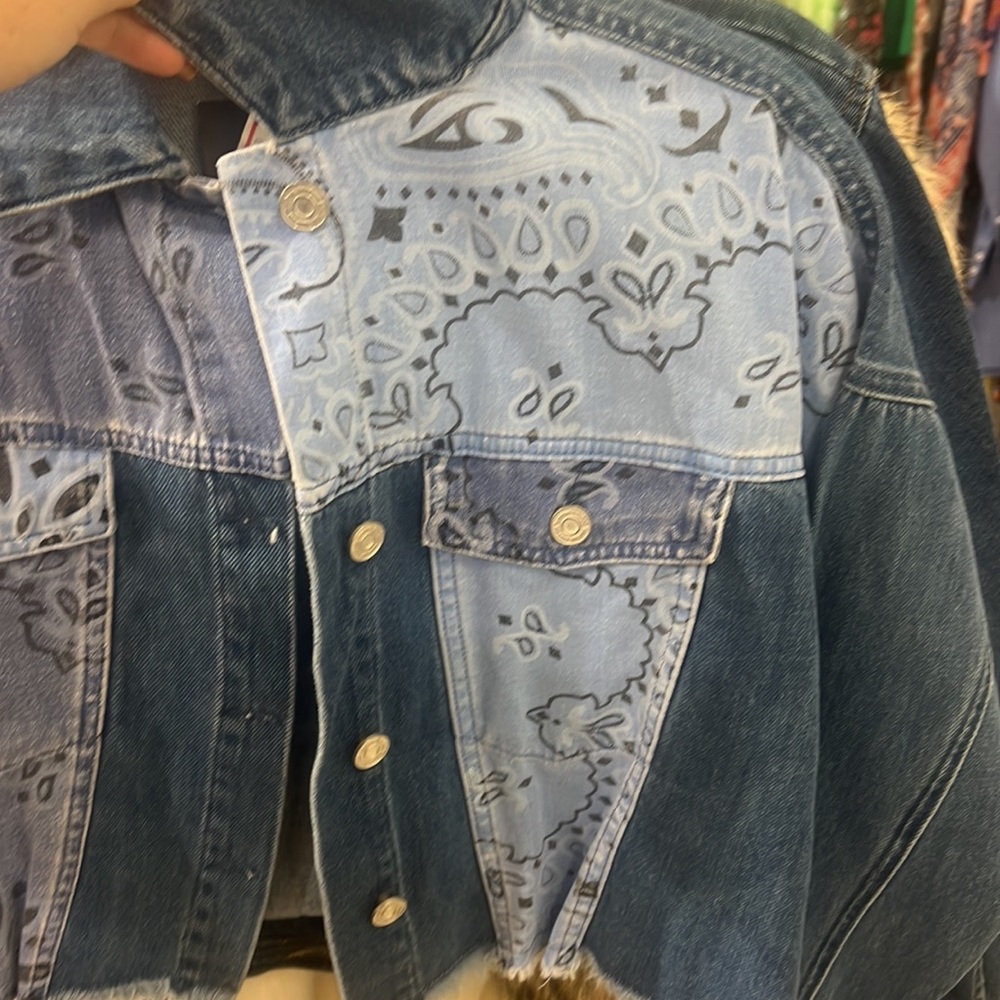Blue Patchwork Denim Jacket size 2 NWT - image 3